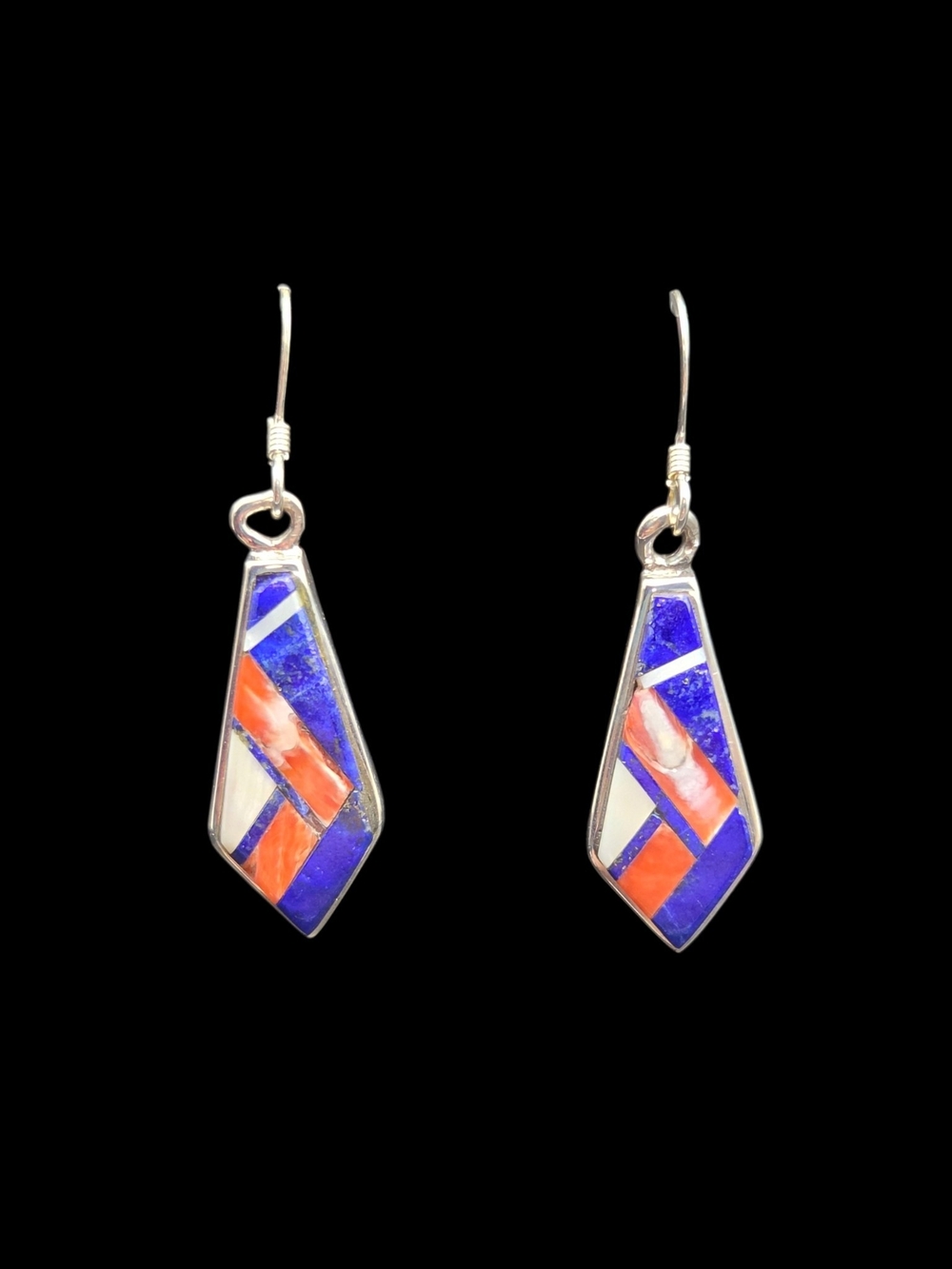 Geometric Inlay Drop Earrings in Blue, Orange & White